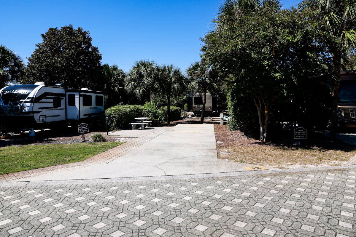 A sunny day at a campground with RVs parked on either side, a picnic table in the center, and lush greenery surrounding the area. The paved walkway leads to a welcoming outdoor space.